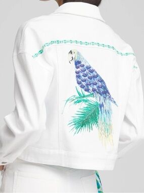Chico's White Denim Jacket with Blue & Green Parrot Back Embroidery
